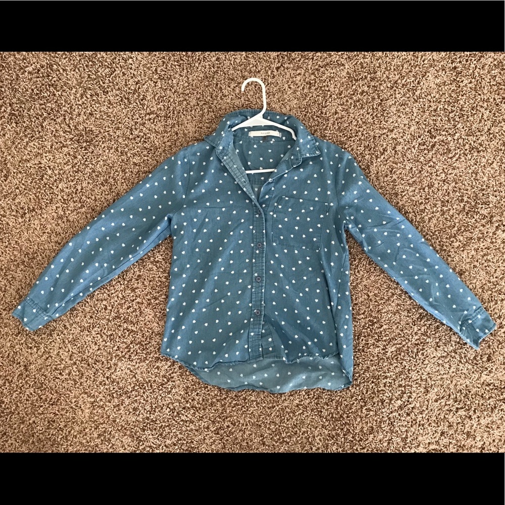 Blue and White Long Sleeve Shirt Heart Pattern - S